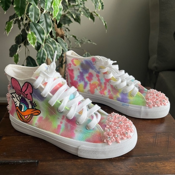Ripped-n-Razored Shoes - Ripped-n-Razored New Custom Daisy Duck Hi Top Sneakers Tennis Shoes Size 8